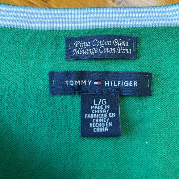 Tommy Hilfiger Pima Cotton sweater. Green/navy stripe gold buttons, Size Large. - Picture 4 of 13